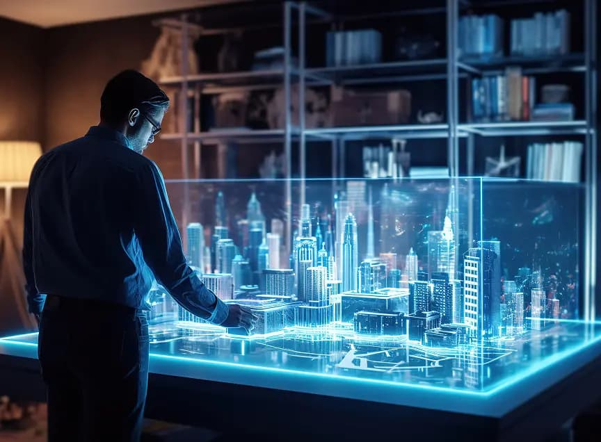 Decorative person interacting with holographic city model on table